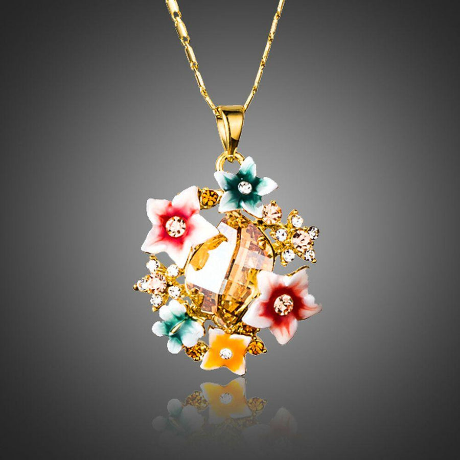 KHAISTA artistic multicolour flower crystal necklace on white background