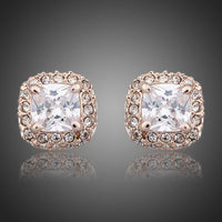 KHAISTA Austrian crystal rectangle stud earrings on white background