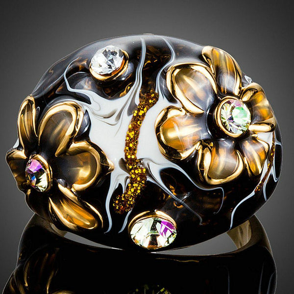 Premium luxury black floral statement ring design displayed on a clean white background