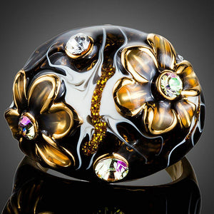 Black Floral Crystal Oil Painting Ring - KHAISTA Fashion Jewellery