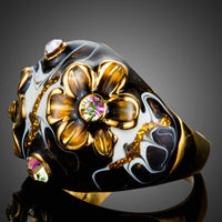 Detailed macro close up view of the brilliant stone settings on this premium black floral statement ring