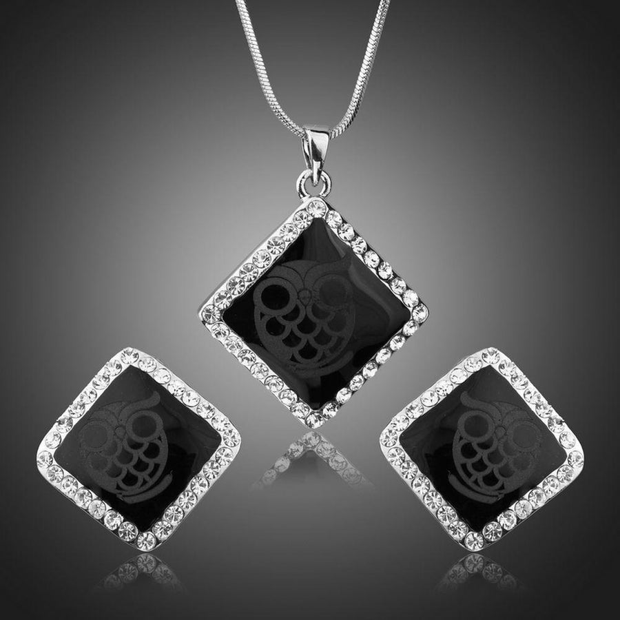Khaista black square owl print crystal necklace earrings set
