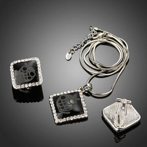 Black Square Owl Print Necklace & Earrings Set - KHAISTA Fashion Jewellery