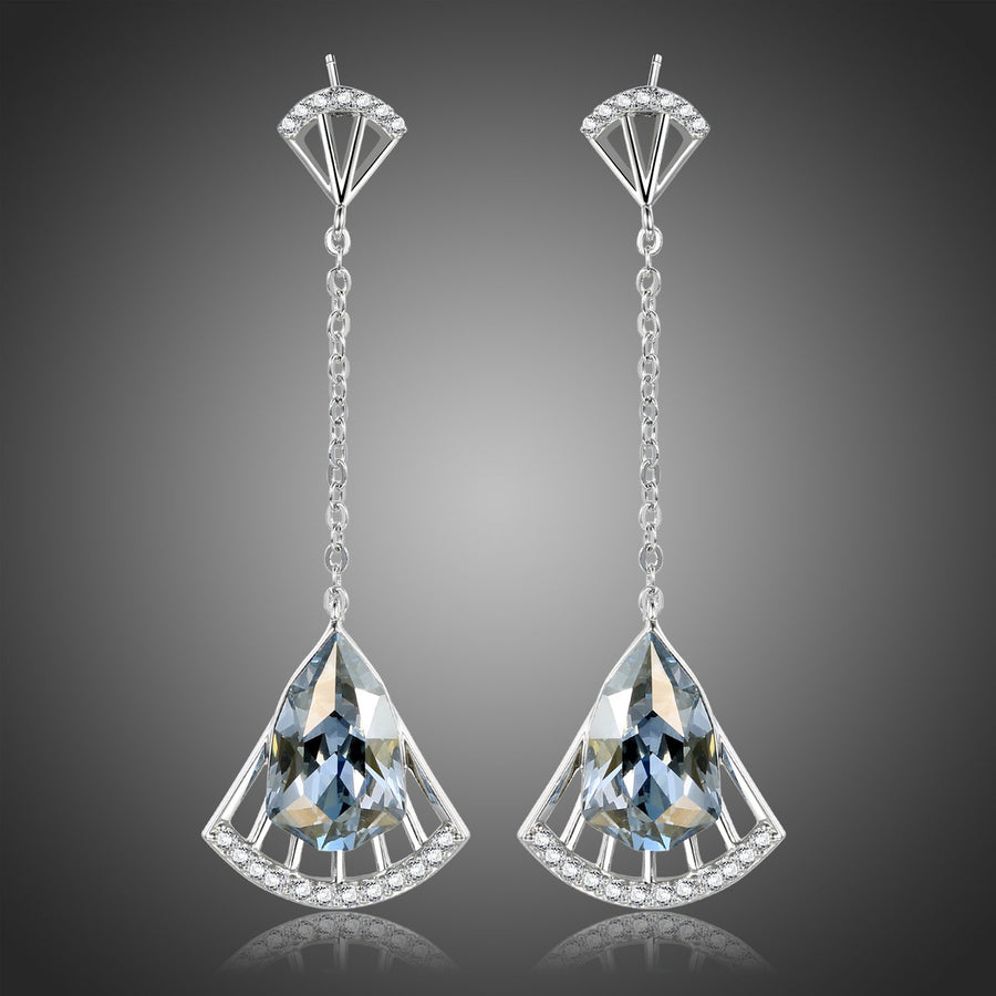 KHAISTA blue Austrian crystal drop earrings on white background