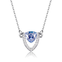 Pendant detail on KHAISTA blue Austrian crystal shield pendant necklace
