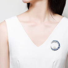 Load image into Gallery viewer, Blue Austrian Crystals and Pearl Water Drop Brooch - KHAISTA Fashion Jewellery
