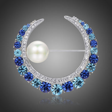 Blue Austrian Crystals and Pearl Water Drop Brooch - KHAISTA Fashion Jewellery