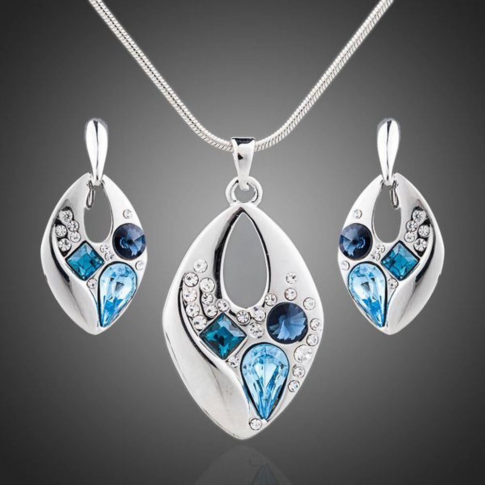 Blue Crystal Clip Earrings and Necklace Set - KHAISTA Fashion Jewellery