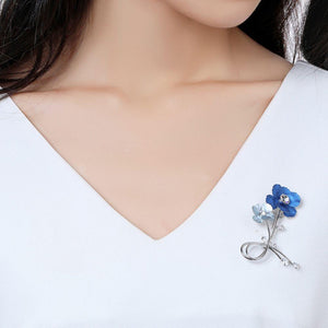 Blue Double Flowers Clear Cubic Zirconia Brooch Scarf Pin - KHAISTA Fashion Jewellery