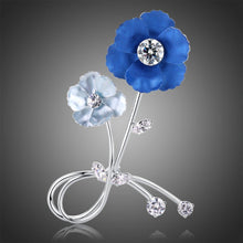 Load image into Gallery viewer, Blue Double Flowers Clear Cubic Zirconia Brooch Scarf Pin - KHAISTA Fashion Jewellery
