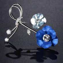 Load image into Gallery viewer, Blue Double Flowers Clear Cubic Zirconia Brooch Scarf Pin - KHAISTA Fashion Jewellery
