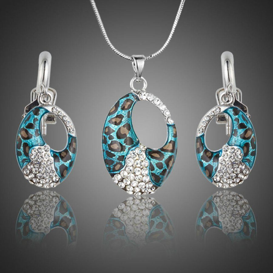 Khaista blue leopard print drop earrings chain pendant set