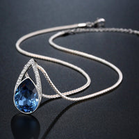 Pendant detail on KHAISTA blue pear crystal pendant necklace