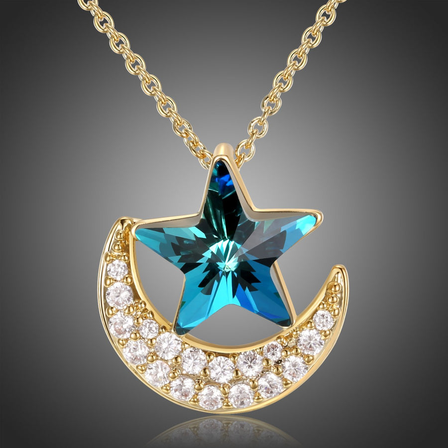 KHAISTA blue star gold moon chain necklace on white background