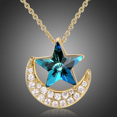 Blue Star on Golden Moon Chain Necklace KPN0276 - KHAISTA Fashion Jewellery