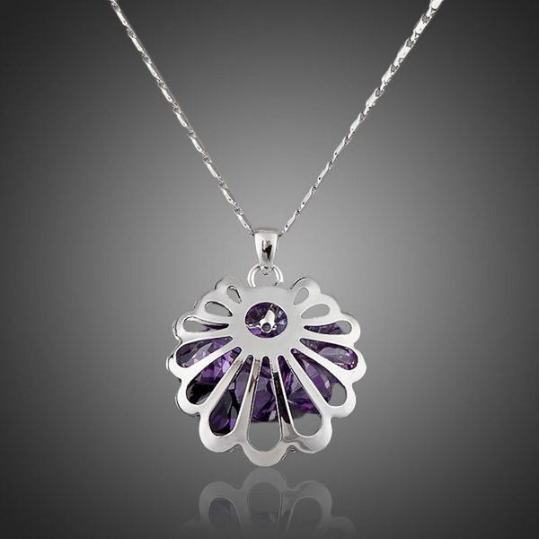 KHAISTA white gold bud Stellux crystal necklace on white background