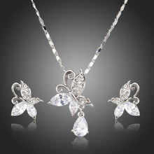 Load image into Gallery viewer, Butterfly Clear Cubic Zirconia Tear Drop Necklace + Stud Earrings Jewelry Set - KHAISTA Fashion Jewellery
