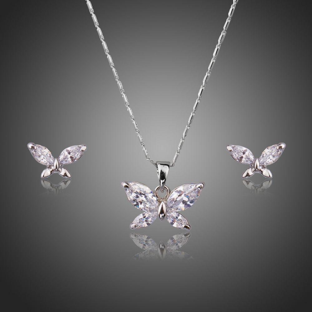 Butterfly White Gold Color Clear Marquise Cut CZ Necklace and Earrings Set - KHAISTA Fashion Jewellery
