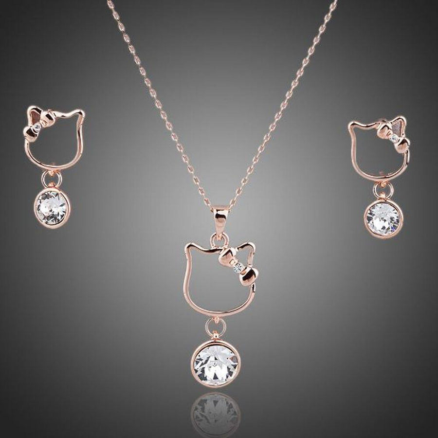 Khaista cat design Stellux rose gold drop earrings necklace set