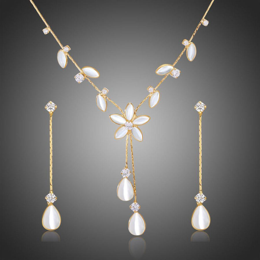 Khaista cat's eye stone floral leaf CZ jewellery set