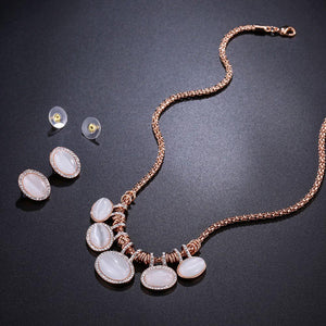 Cat’s Eye Stone Rose Gold Color Oval Rhinestone Jewelry Necklace Set - KHAISTA Fashion Jewellery