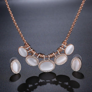 Cat’s Eye Stone Rose Gold Color Oval Rhinestone Jewelry Necklace Set - KHAISTA Fashion Jewellery