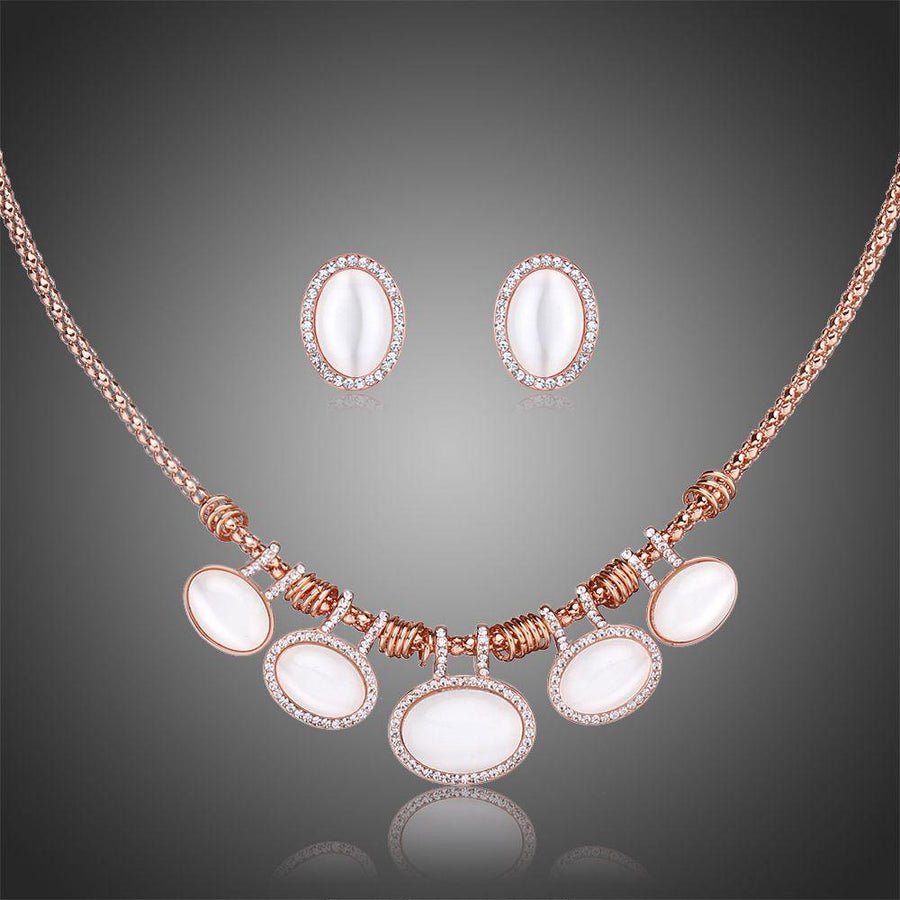 Khaista cat's eye oval rhinestone necklace set rose gold