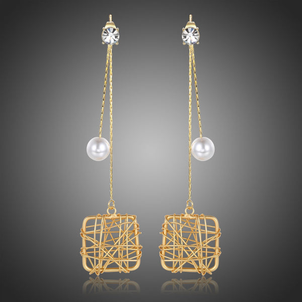 KHAISTA chain square pearl drop earrings on white background
