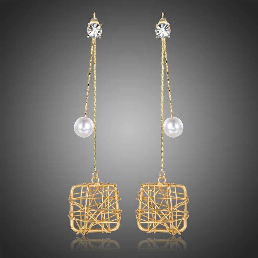 KHAISTA chain square pearl drop earrings on white background