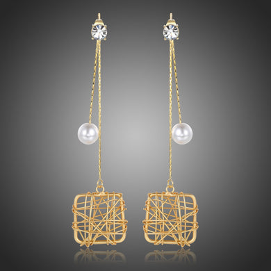 Chain Square Pearl Drop Earrings -KPE0393 - KHAISTA Fashion Jewellery