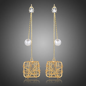 Chain Square Pearl Drop Earrings -KPE0393 - KHAISTA Fashion Jewellery