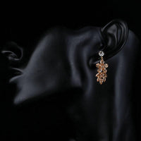 Close up of KHAISTA champagne crystal cluster drop earrings