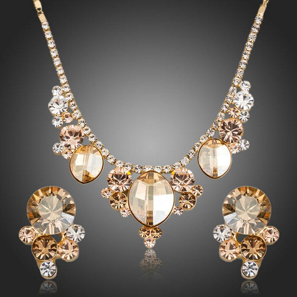 Champagne Crystal Flower Stud Earrings & Pendant Necklace Set - KHAISTA Fashion Jewellery