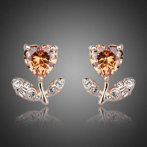 Champagne Flower Heart Stud Earrings -KPE0065 - KHAISTA Fashion Jewellery