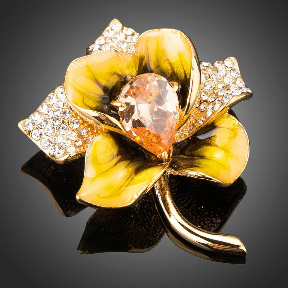 khaista champagne zircon crystal paved oil painting pattern gold color flower shape brooch image 1