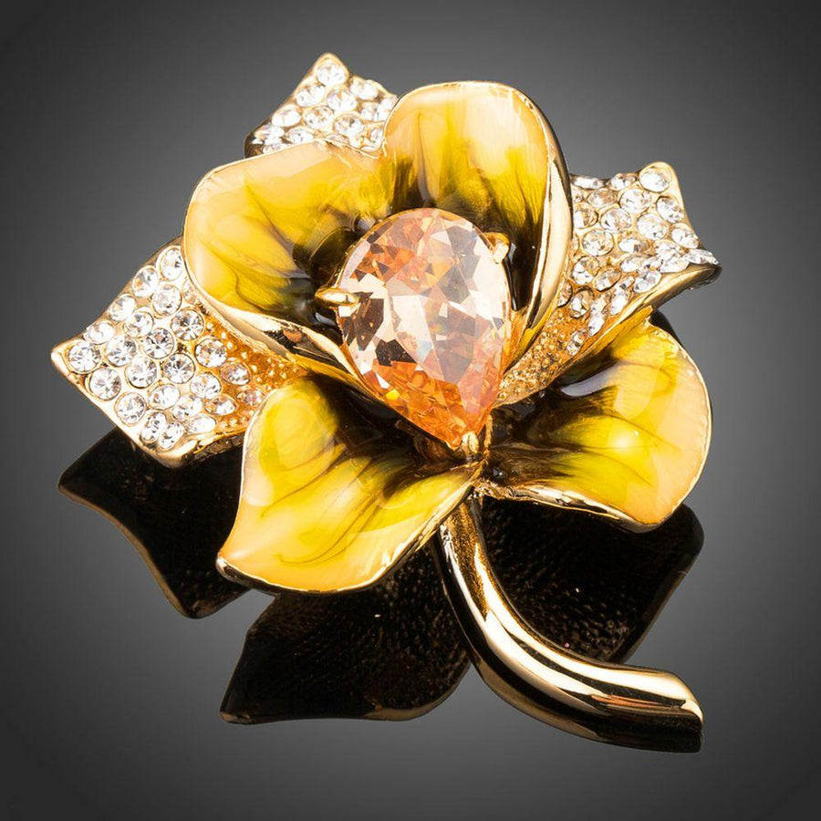 Khaista champagne zircon oil paint gold flower brooch on white background