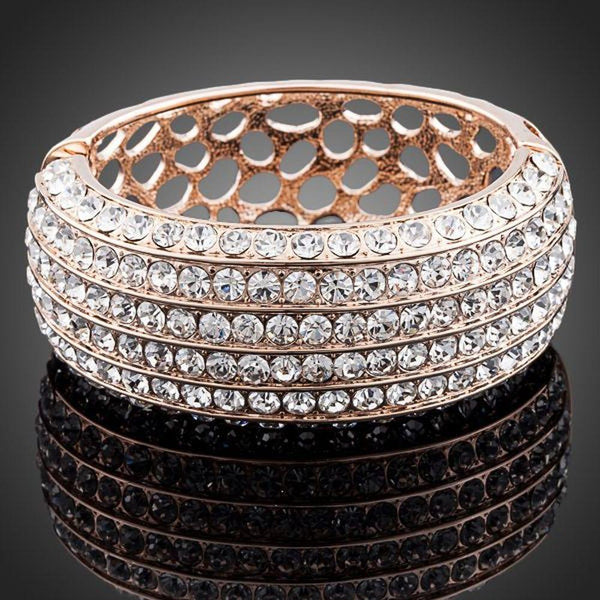 KHAISTA classic rose gold cuff bangle on white background