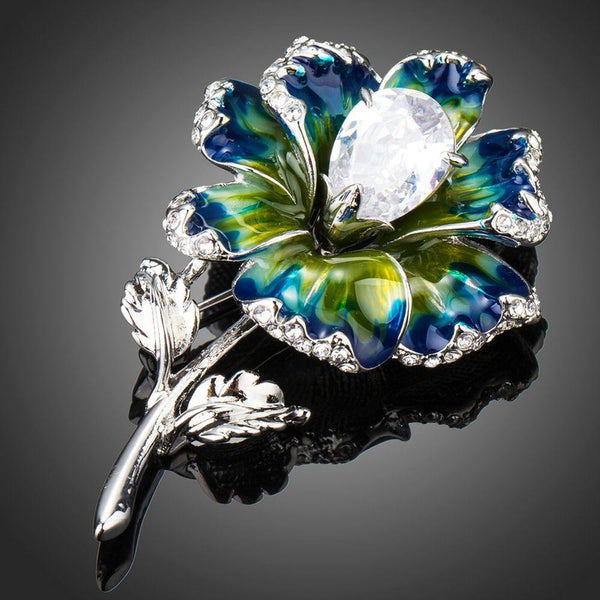 Khaista clear CZ leaf and flower brooch on white background