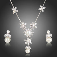 Khaista clear CZ pearl floral pendant drop earrings set