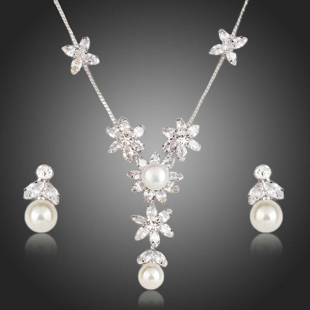 Clear Cubic Zirconia With Pearl Flower Pendant and Drop Earrings Set - KHAISTA Fashion Jewellery