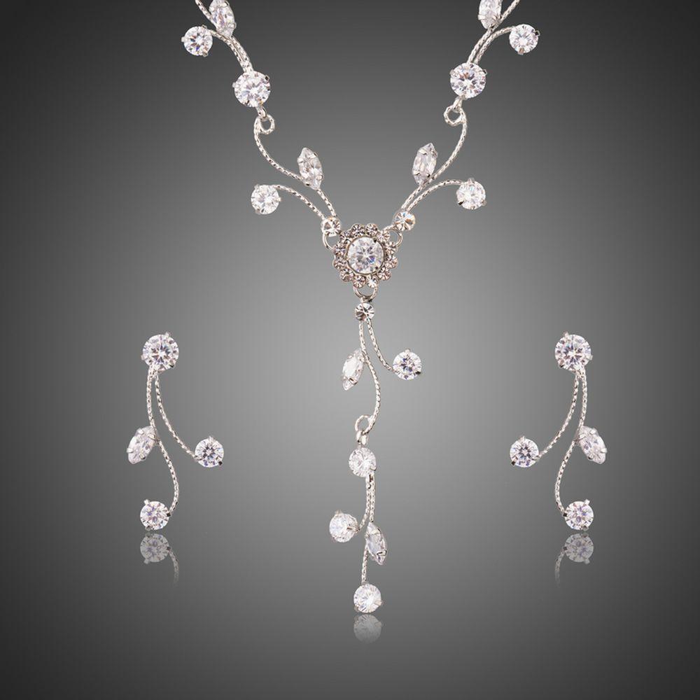 Clear Zirconia Sparkling Flower with Branch Geometric Jewelry Set - KHAISTA Fashion Jewellery