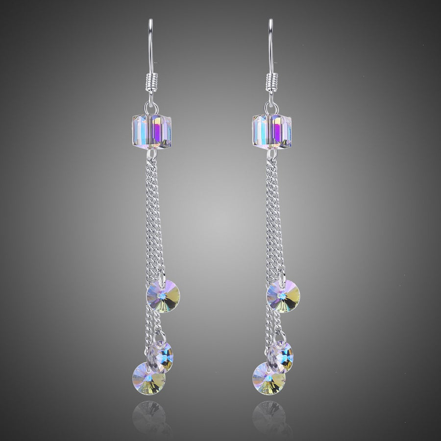 KHAISTA colour change raindrop dangle earrings on white background