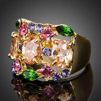 Detailed macro close up view of the brilliant stone settings on this premium multicolor crystal cocktail ring