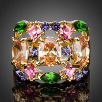 Premium luxury multicolor crystal cocktail ring design displayed on a clean white background
