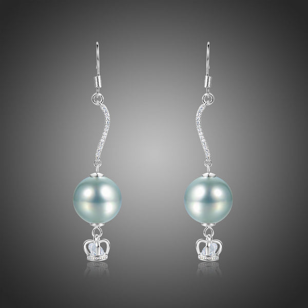 KHAISTA crown pearl drop earrings on white background