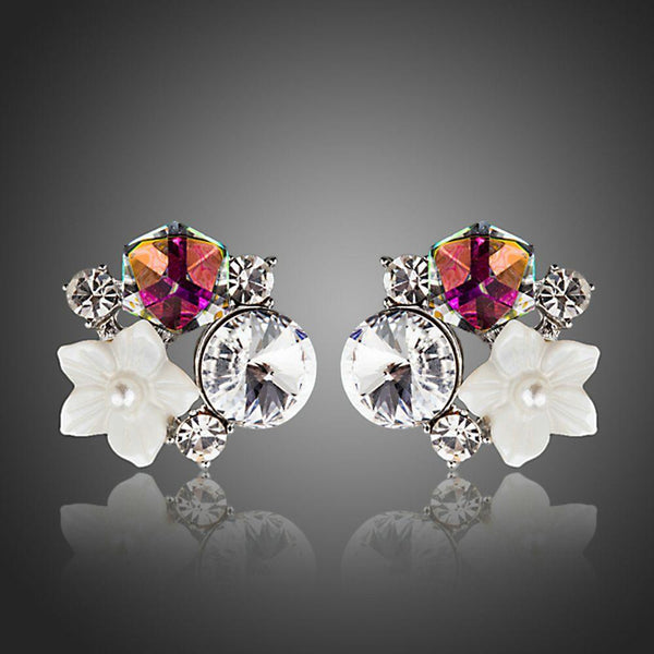 KHAISTA crystal bouquet stud earrings on white background