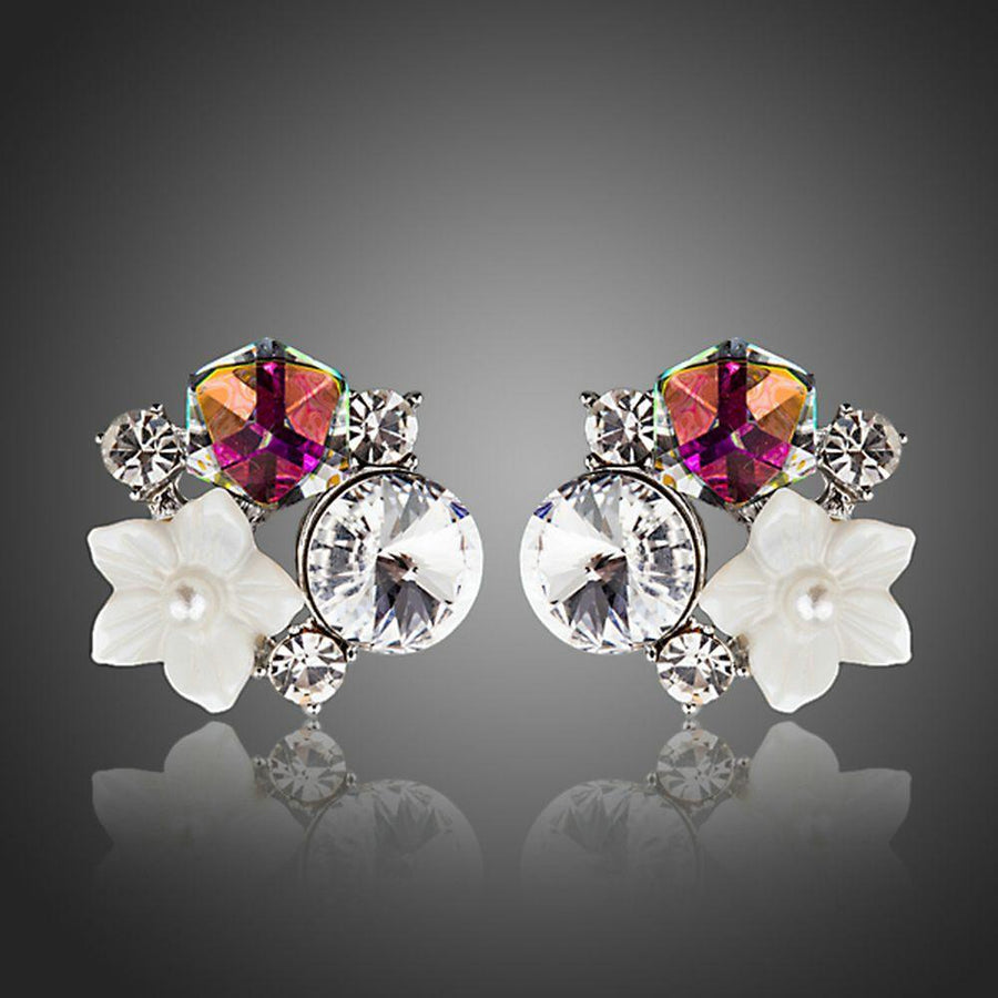 KHAISTA crystal bouquet stud earrings on white background