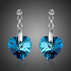 Crystal Dark Blue Heart Drop Earrings - KHAISTA Fashion Jewellery