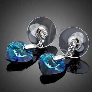 Crystal Dark Blue Heart Drop Earrings - KHAISTA Fashion Jewellery