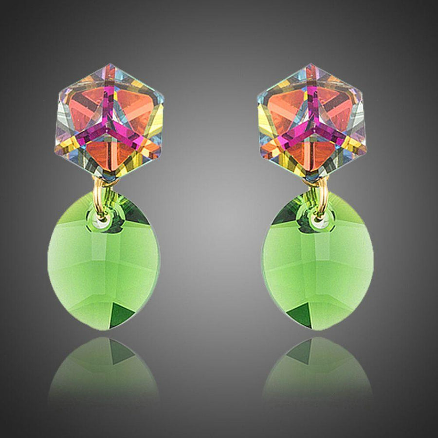 KHAISTA cube green leaf crystal drop earrings on white background